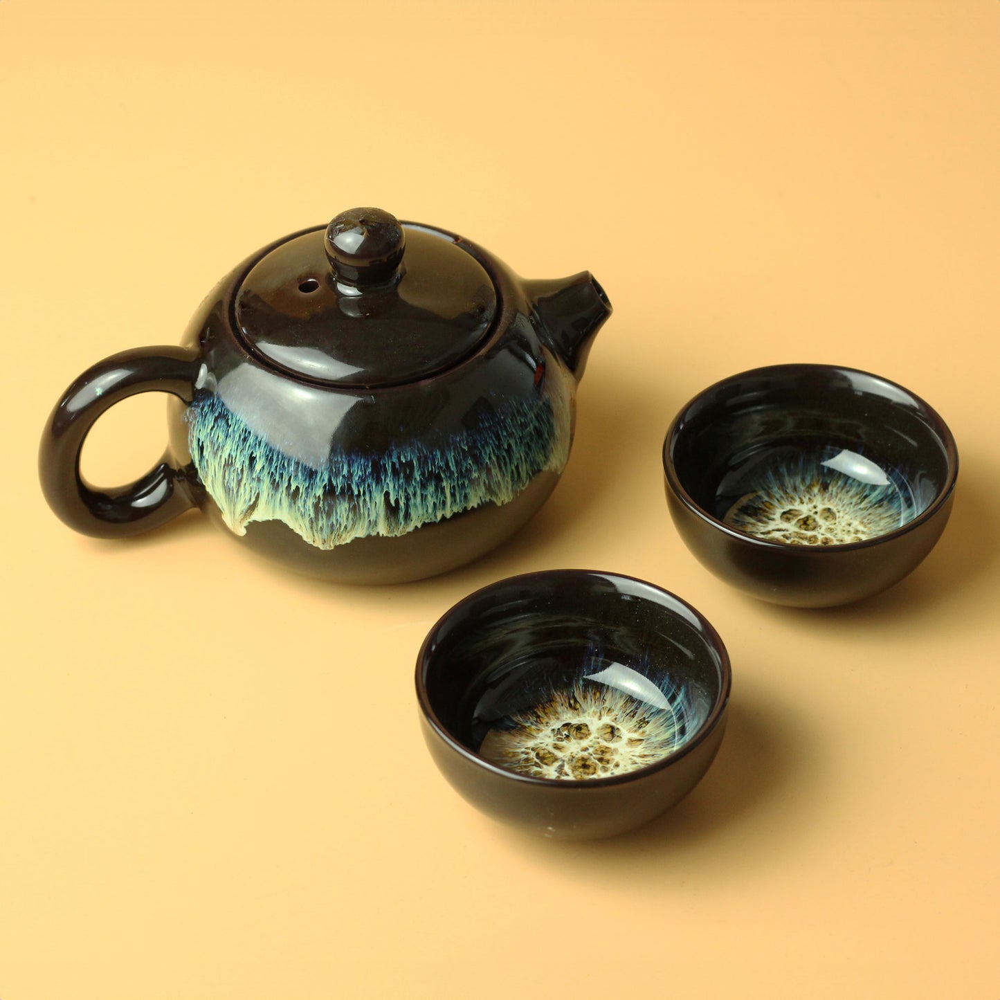 Herbal Black Glaze Teapot Set - Pot & Two Cups