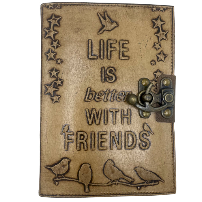 Leather Journel - Plain Paper -  Life is Better with Friends (7x5") - Light Tan