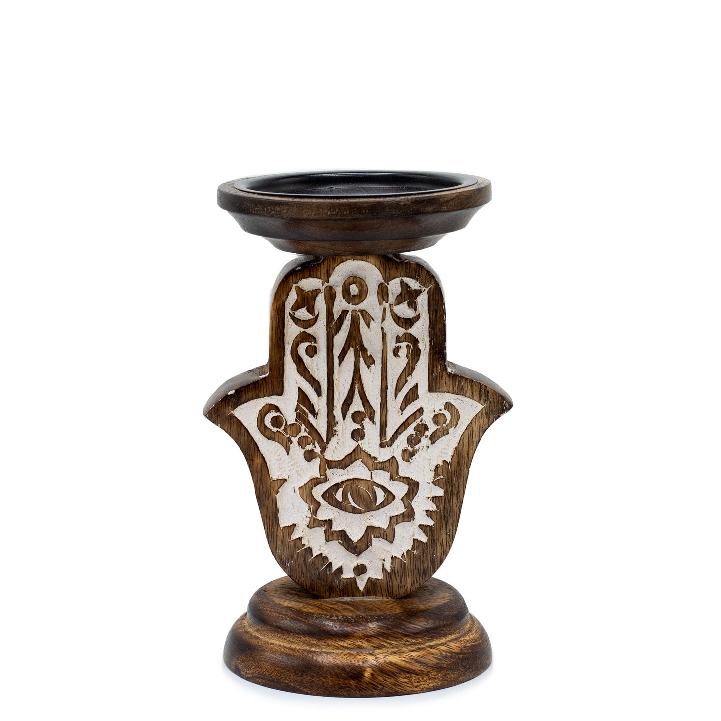 Mango Wood Candle Stand - Hamsa - Small 18x11cm