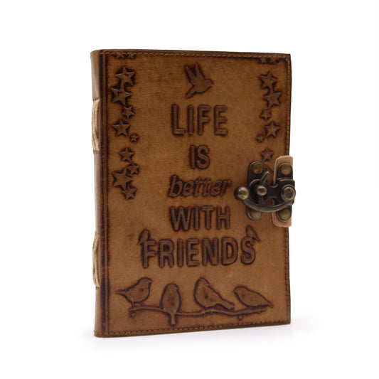 Leather Journel - Plain Paper -  Life is Better with Friends (7x5") - Light Tan