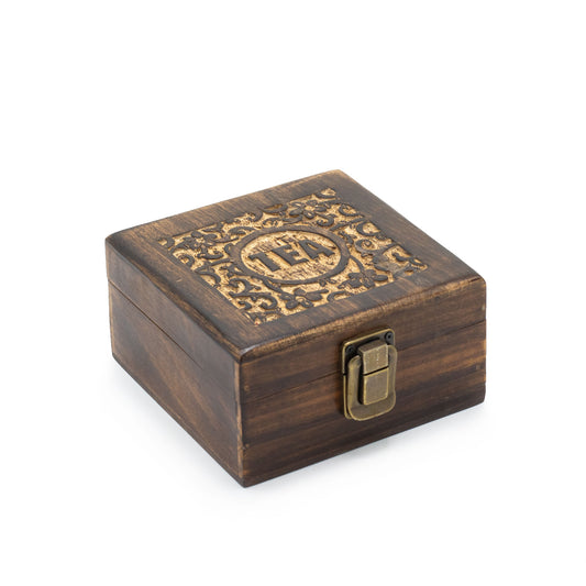 Mango Carved Tea Box (4 compartments)- 15x15x8cm