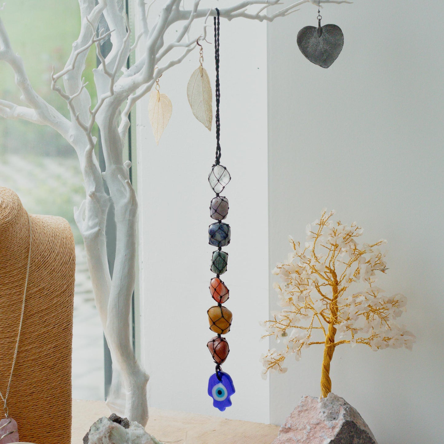 Hanging Chakra Stone  Pendant - Hamsa