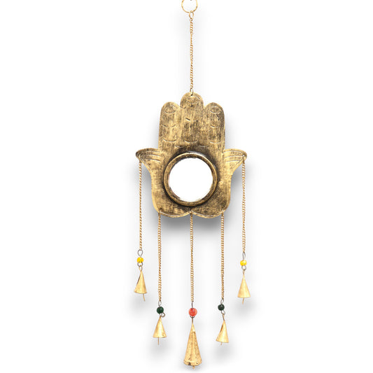 Indian Chimes - Hamsa Lrg Mirror 5 Bells - 19x65cm