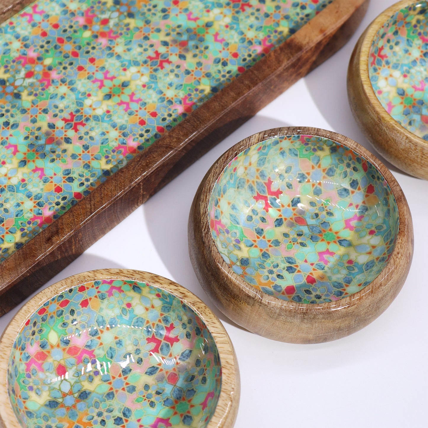 Mango Wood Tray with 3 Bowls - Mediterraian Tile pattern