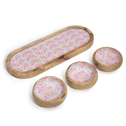 Mango Wood Tray with 3 Bowls - Pretty Floral