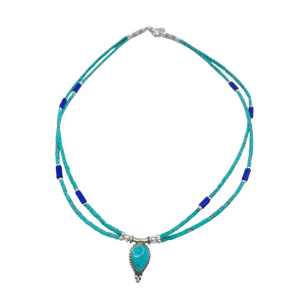 Nepalese Extra Fine Two Line Necklace - Lapis & Malachite Pendant