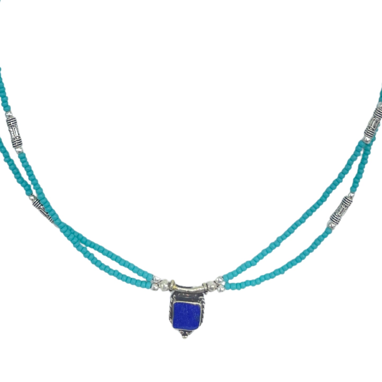 Nepalese Extra Fine Two Line Necklace - Turquoise & Lapis Pendant