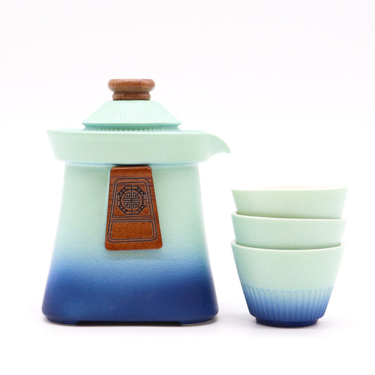 Temple Teapot Set & Three Cups - Blue Heaven