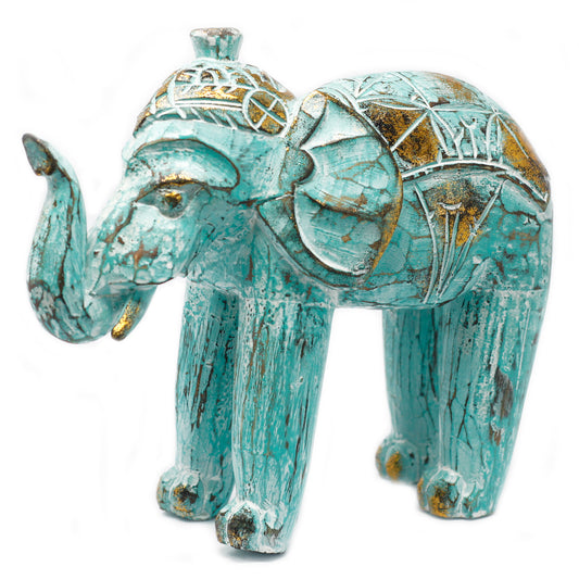 Wood Carved Elephant - Turquois Gold