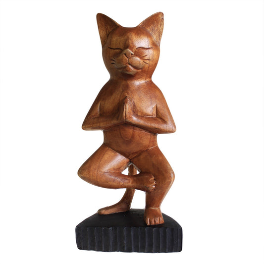 Handcarved Yoga Cat - One Leg