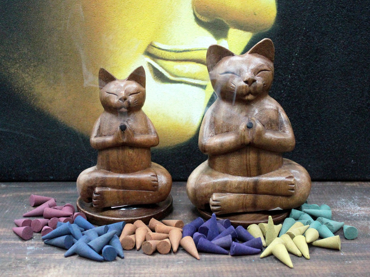 Wooden Carved Incense Burners - Med Yoga Cat