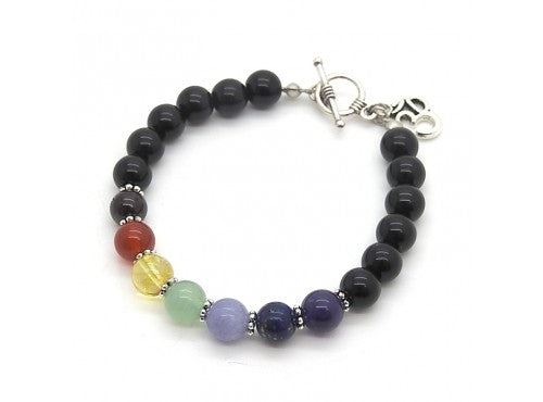 Chakra & Black Obsidian Ball Bracelet with "OM" Charm