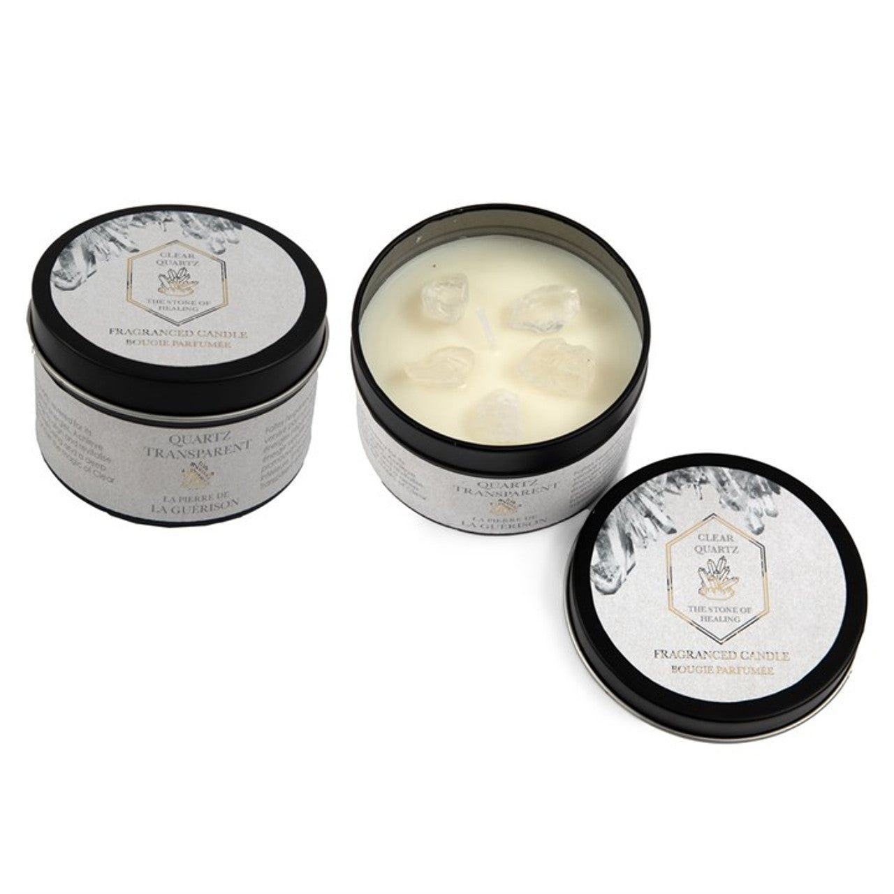 Fresh Linen Tin Candle with Clear Quartz Crystals - 8cm