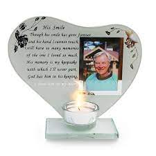 "His Smile" Glass Heart Memorial Frame With Tealight Holder & Inscription