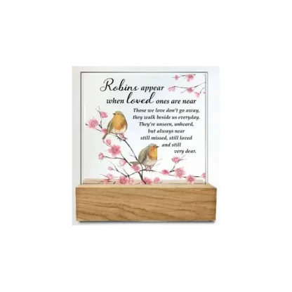"Robins Appear" with Poem Glass Plaque on Wooden Base