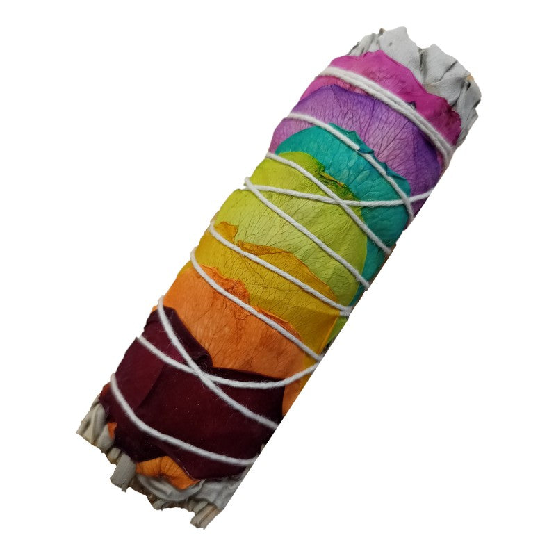 White Sage Smudge Stick with Chakra Petals (4" Stick)