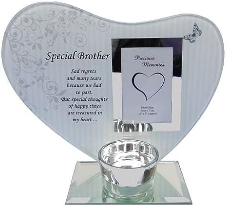 "Brother" Glass Heart Memorial Frame With Tealight Holder & Inscription