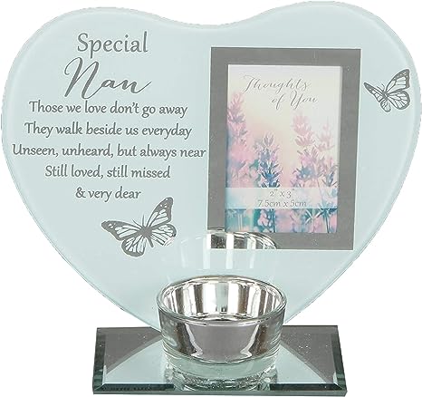 "Nan" Glass Heart Memorial Frame With Tealight Holder & Inscription