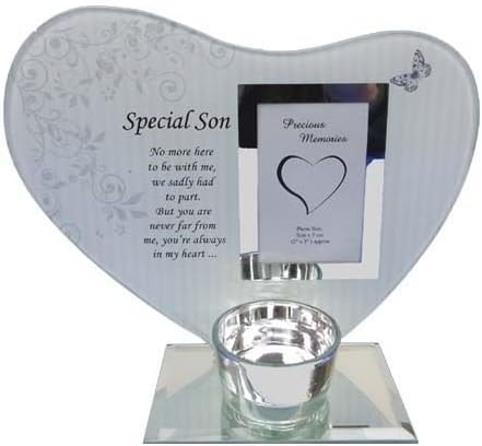 "Son" Glass Heart Memorial Frame With Tealight Holder & Inscription