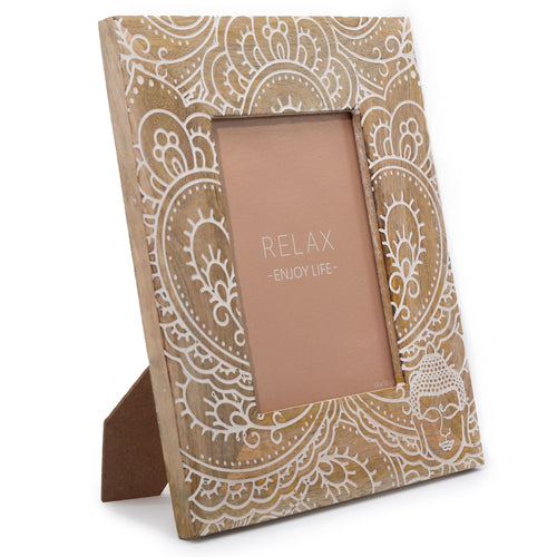 Large Mango Wood Picture Frame (5x7in / 13x18cm Photo) - Buddha - White