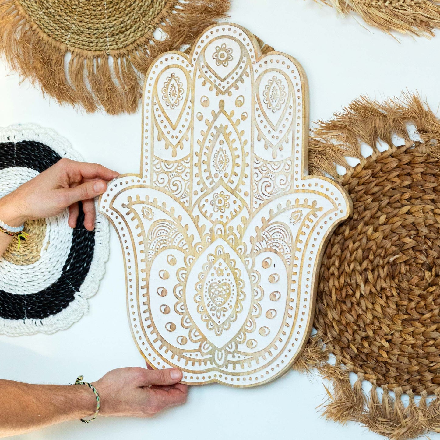 Mango Wood Hamsa Wall Plaque - Whitewash 52 cm