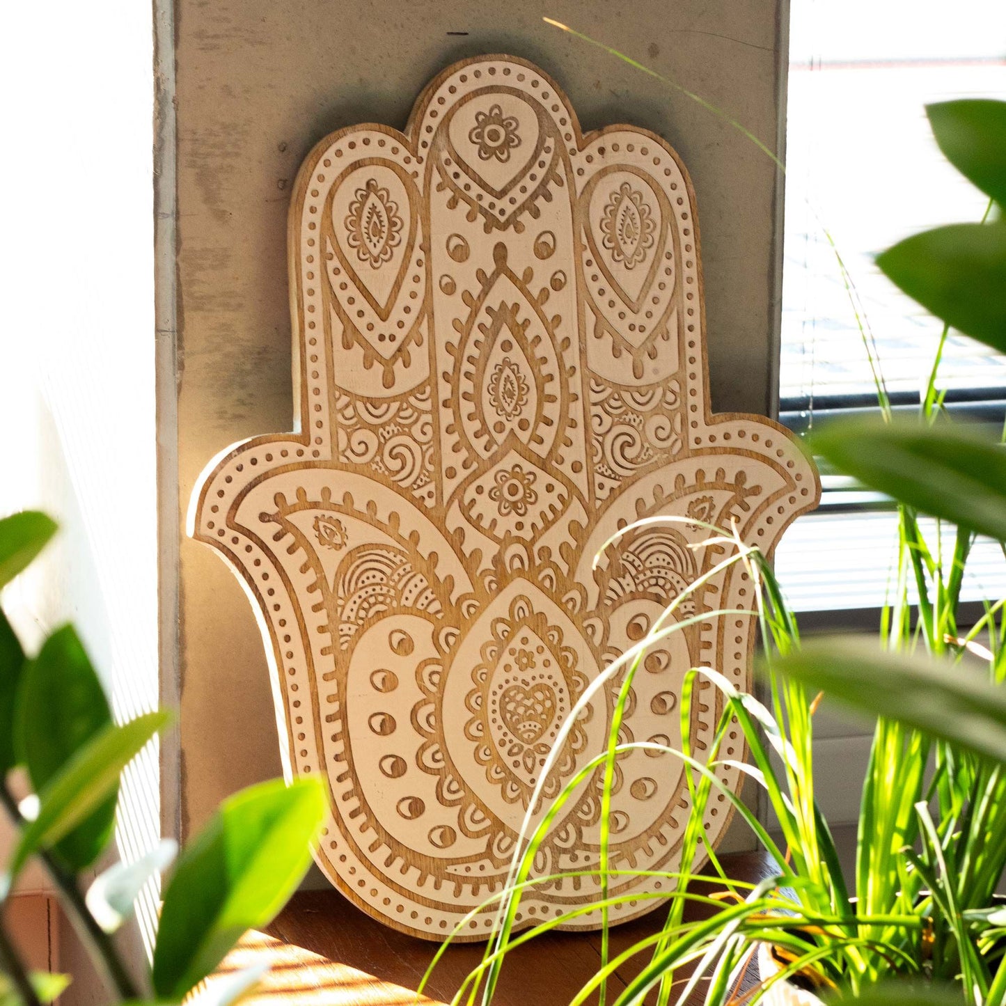 Mango Wood Hamsa Wall Plaque - Whitewash 52 cm