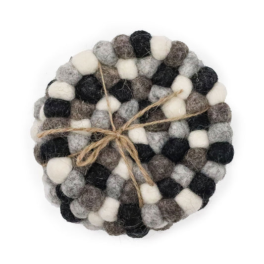 Felt Ball Round Coasters - 10cm Multi Grey colour (set of 4)