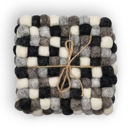Felt Ball Square Coasters - 10cm Multi Grey colour (set of 4)