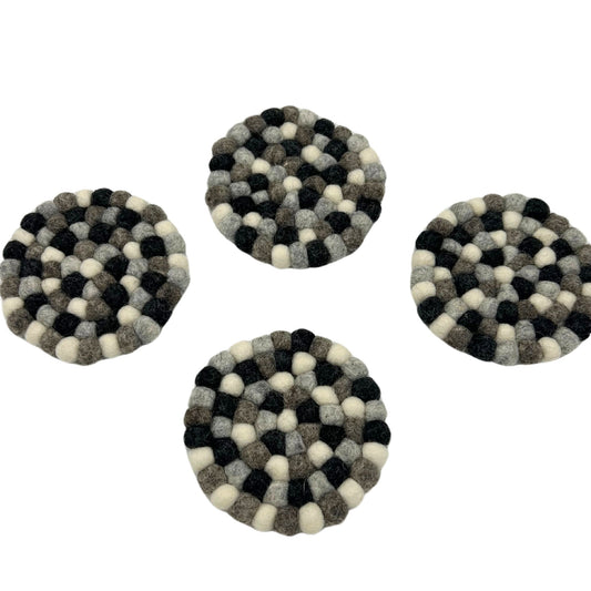 Felt Ball Round Coasters - 10cm Multi Grey colour (set of 4)