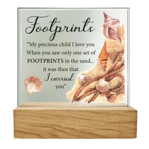 "Footprints" Glass Plaque on Wooden Base