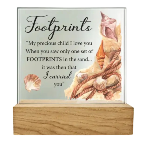 "Footprints" Glass Plaque on Wooden Base