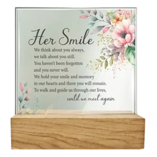 "Her Smile" Glass Plaque on Wooden Base