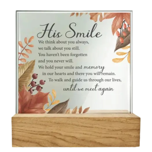 "His Smile" Glass Plaque on Wooden Base