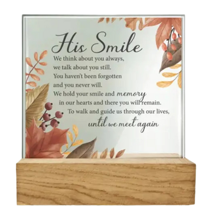 "His Smile" Glass Plaque on Wooden Base